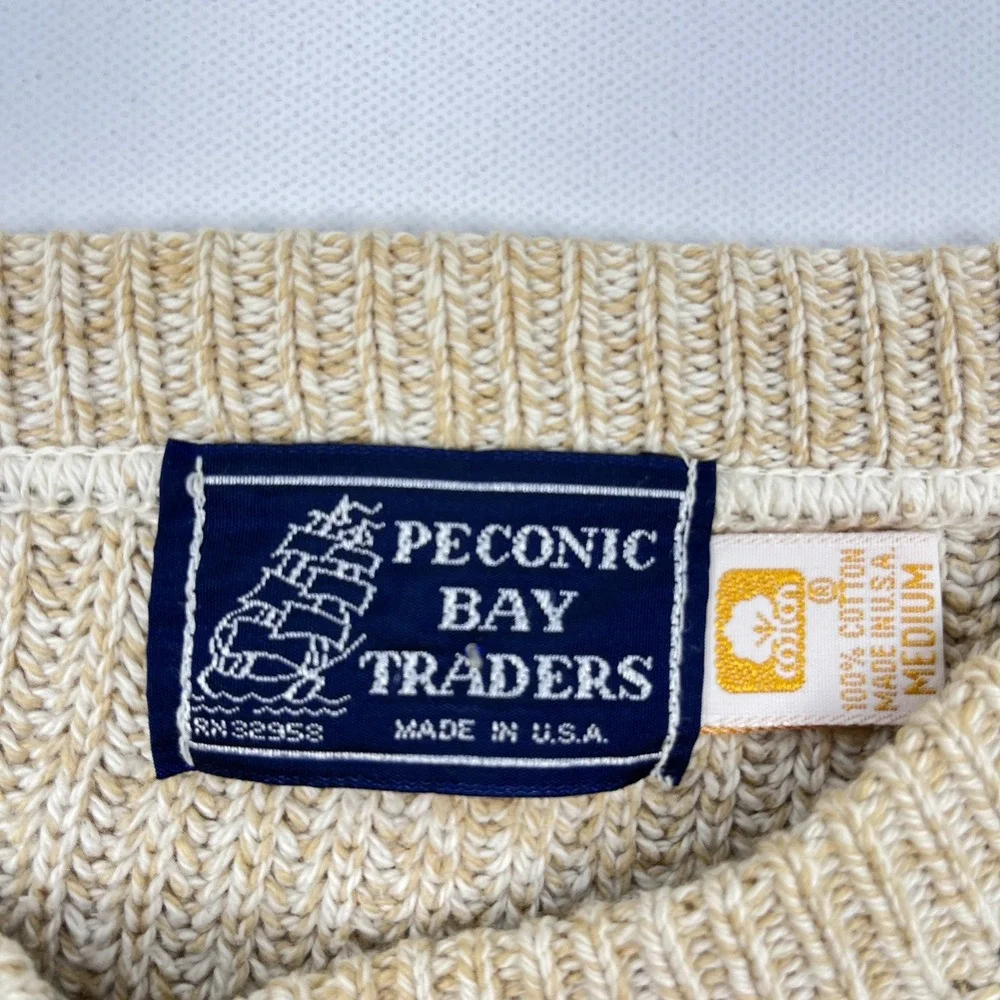 Peconic Bay Traders Mens Medium Beige Knit Blue Striped Crewneck Sweater USA Vtg